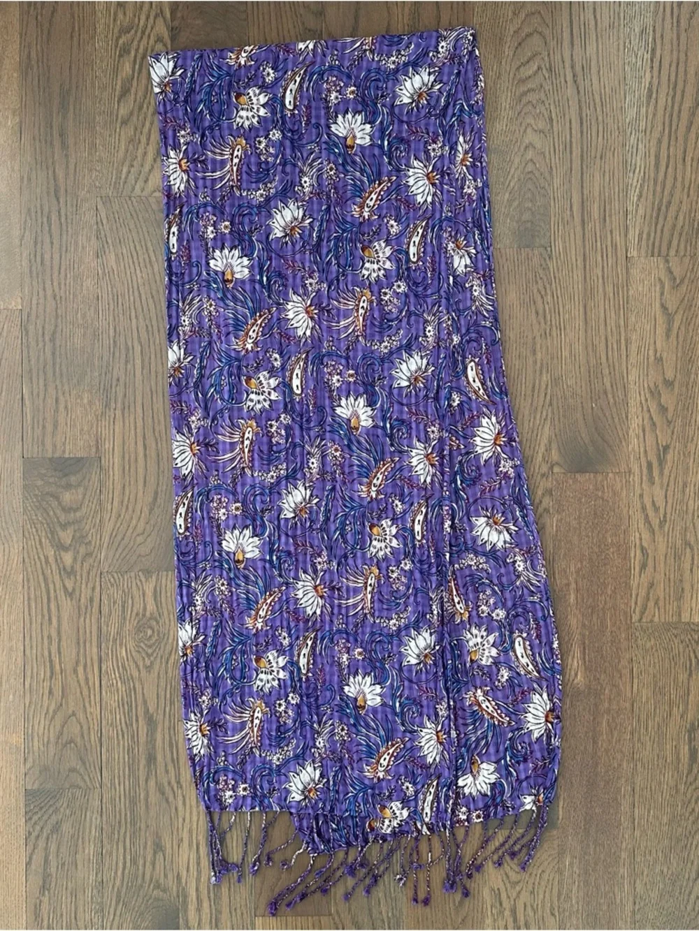Anthropologie Floral Block Print Gauze Oblong Fringe Scarf Purple Multicolor 72